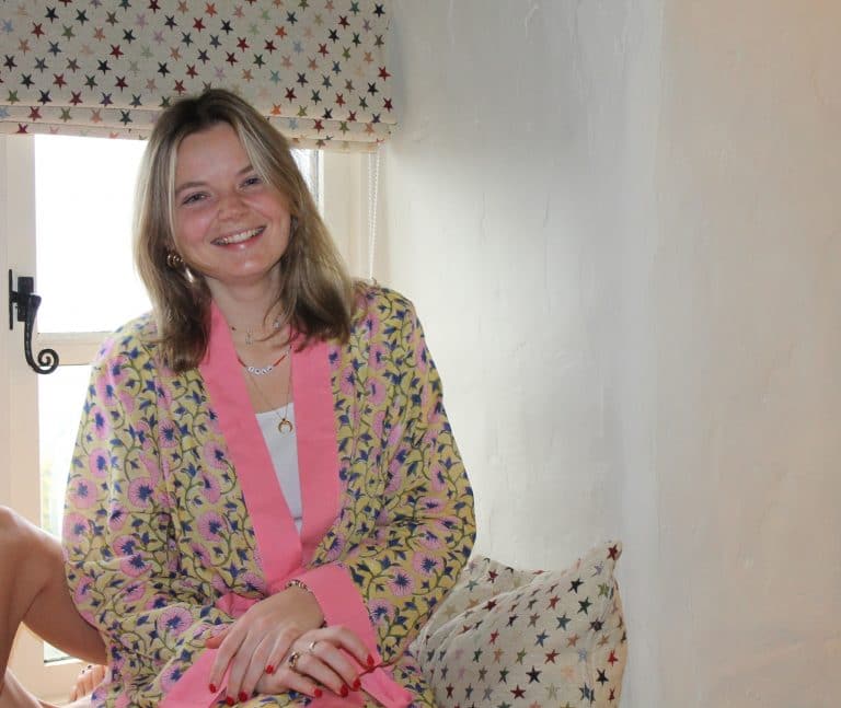 Indigo and Pink Zinnia Short  Jaipur Dressing Gown